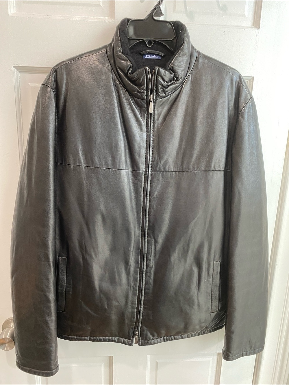 Malo Black Leather Zip-Front Bomber Jacket